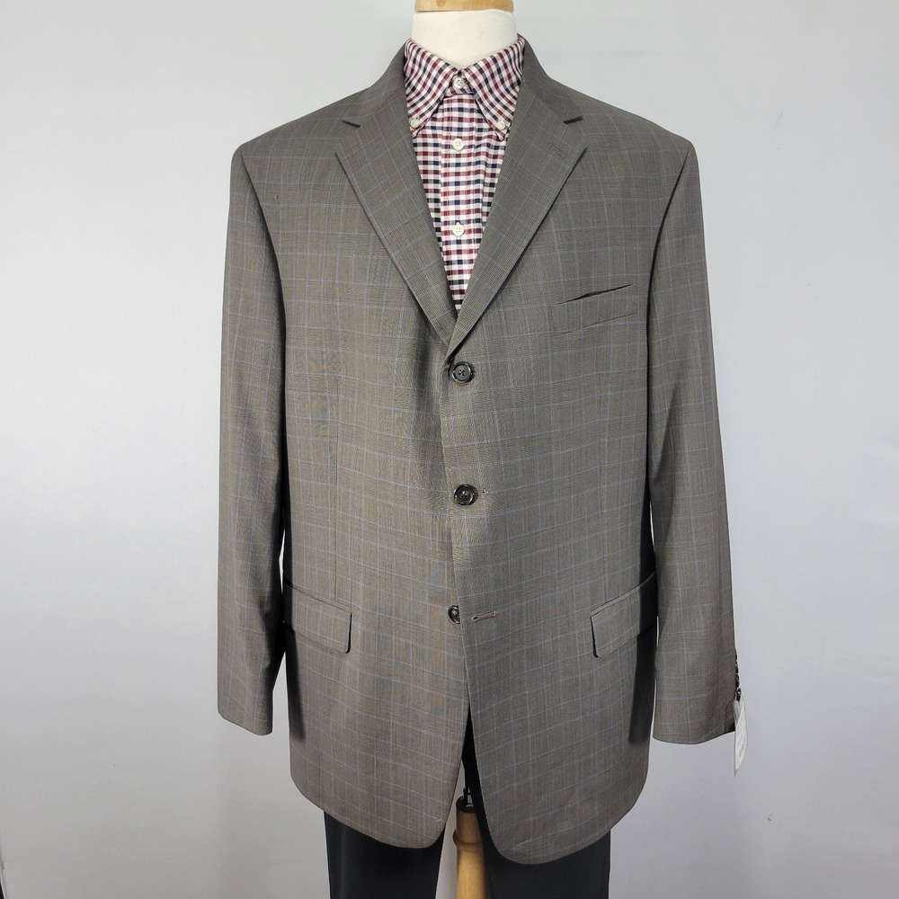 Hart Schaffner Marx Men's Sport Coat Blazer Three Button Brown Plaid Wool 50L